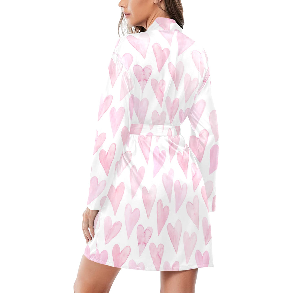 Watercolor pink heart pattern Women's Long Sleeve Belted Night Robe