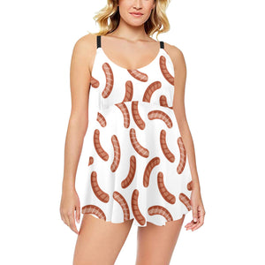 Sausage Pattern Print Design 04 Chest Sexy Pleated Two Piece Swim Dress