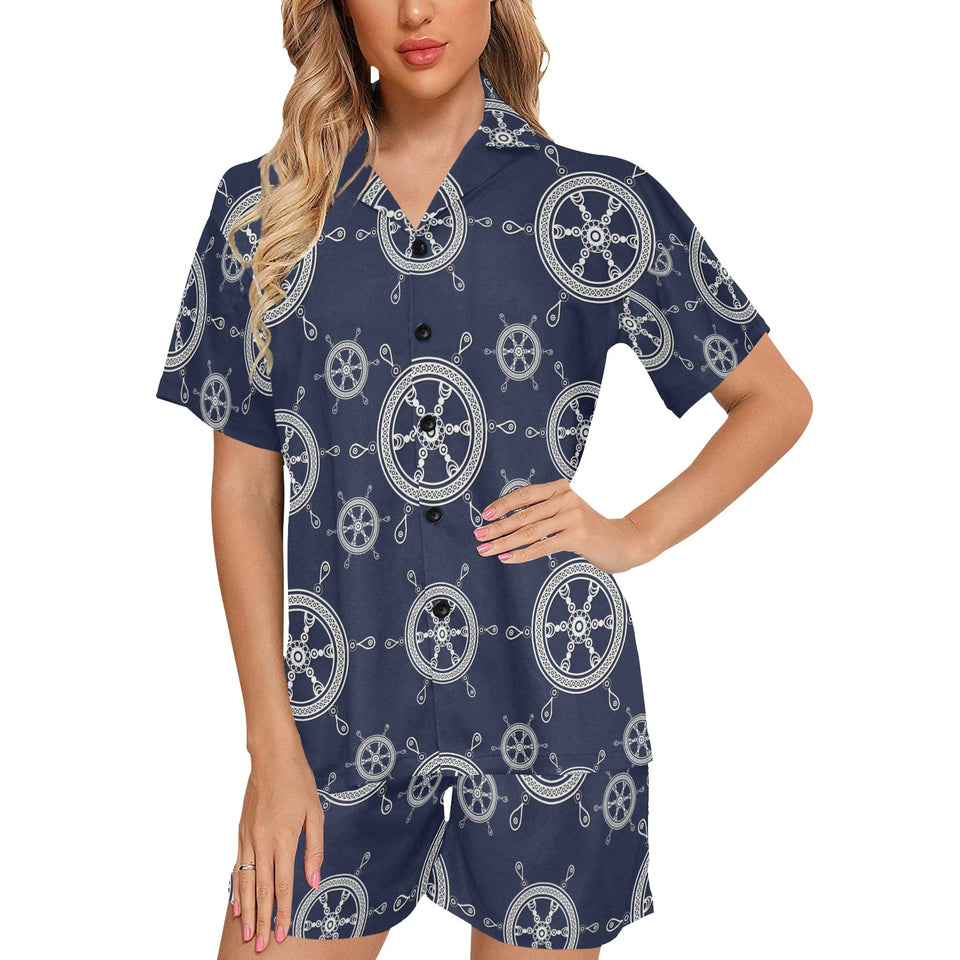 nautical steering wheel design pattern Women's V-Neck Short Pajama Set