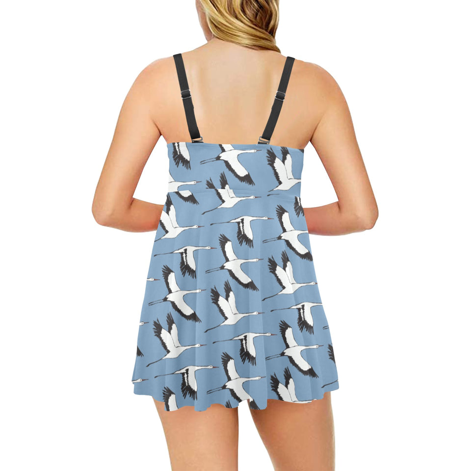 Seagull Pattern Print Design 04 Chest Sexy Pleated Two Piece Swim Dress