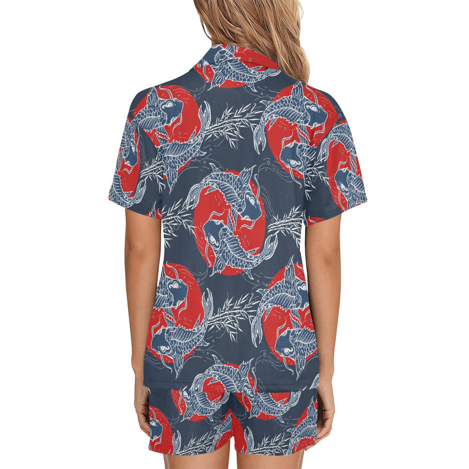 Koi Fish Carp Fishs hand drawn japanese art Women's V-Neck Short Pajama Set