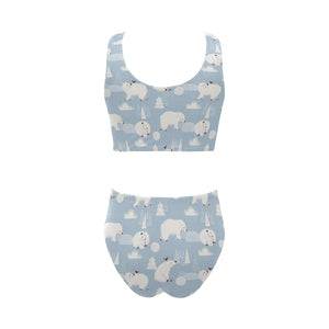 Cute polar bears Christmas decoration pattern Chest Bowknot High Waisted Bikini Swimsuit