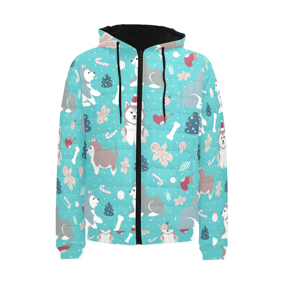 Christmas cute siberian husky puppie pattern Men's Padded Hooded Jacket