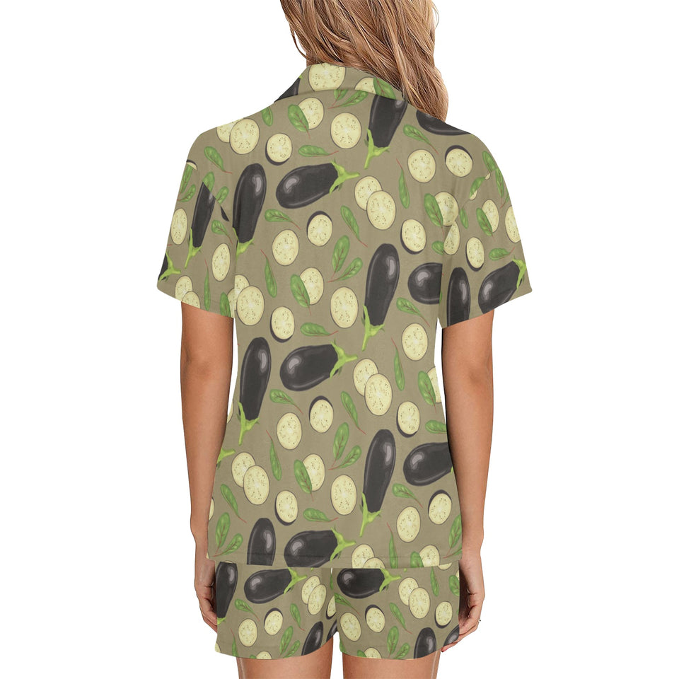 Eggplant Pattern Print Design 02 Women's V-Neck Short Pajama Set