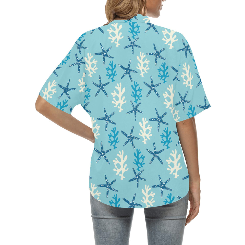 Blue starfish coral reef pattern Women's All Over Print Hawaiian Shirt