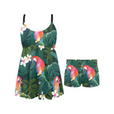 Parrot Palm tree leaves flower hibiscus pattern Chest Sexy Pleated Two Piece Swim Dress