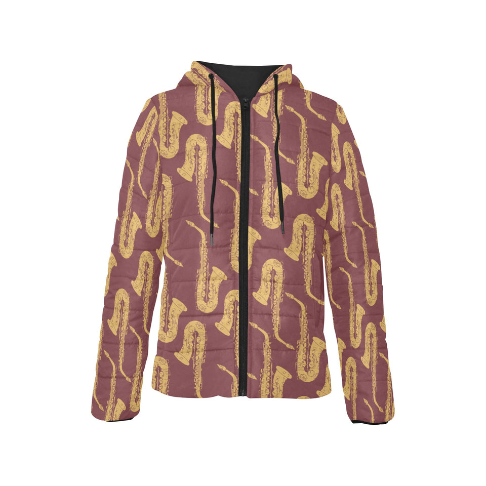 Hand drawn gold saxophone red background Women's Padded Hooded Jacket