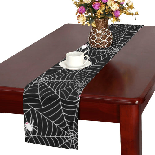 Spider web design pattern Black background white c Table Runner