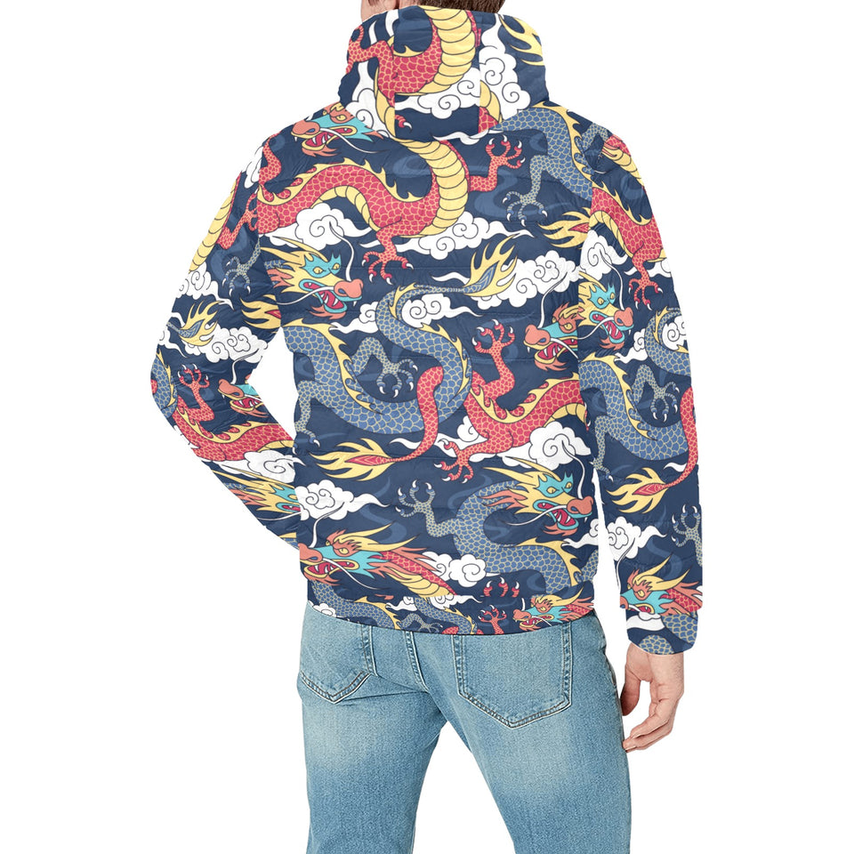 Blue red dragon cloud pattern Men's Padded Hooded Jacket