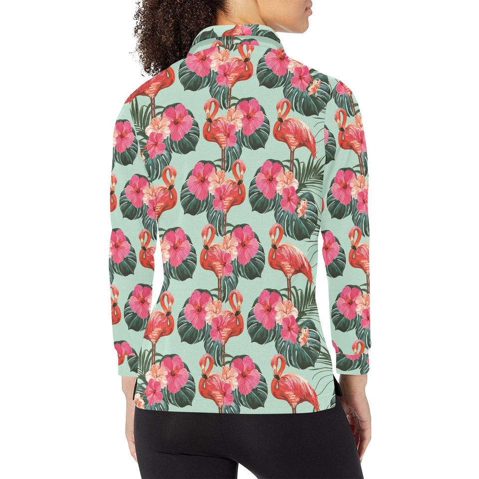 Beautiful flamingo tropical palm leaves hibiscus p Women's Long Sleeve Polo Shirt