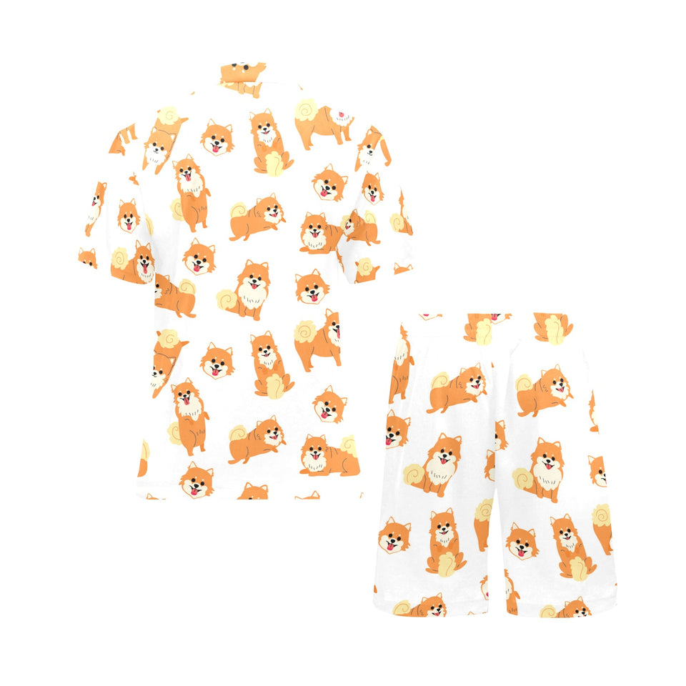 Brown pomeranian pattern Men's V-Neck Short Pajama Set