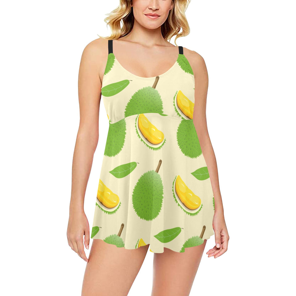 Durian pattern Chest Sexy Pleated Two Piece Swim Dress