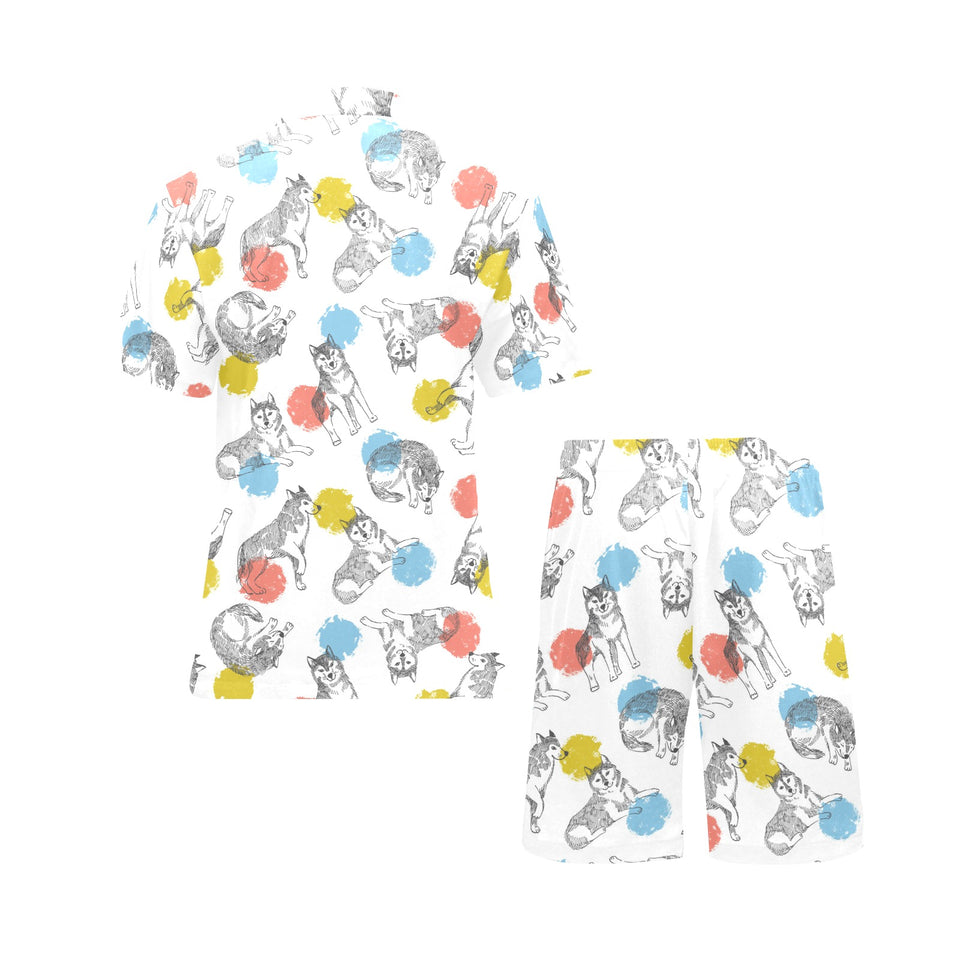 Siberian husky and colorful circle pattern Men's V-Neck Short Pajama Set