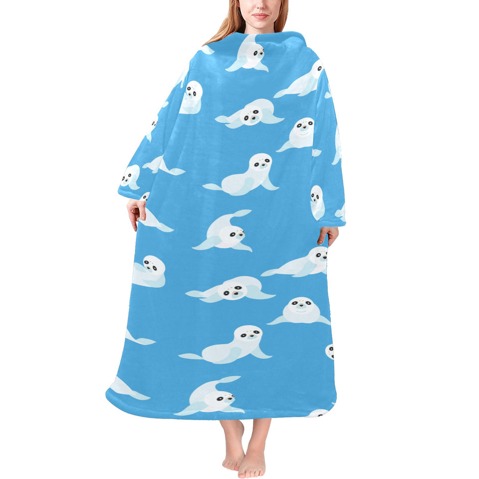 Cute sea lion seal pattern background Blanket Robe with Sleeves