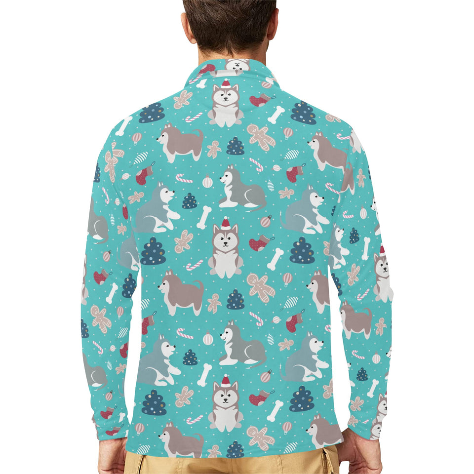 Christmas cute siberian husky puppie pattern Men's Long Sleeve Polo Shirt