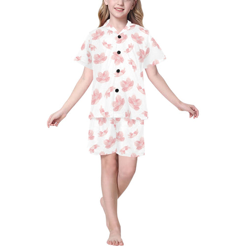 Pink sakura cherry blossom pattern Kids' Boys' Girls' V-Neck Short Pajama Set