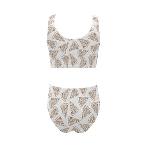 Hand drawn pizza pattern Chest Bowknot High Waisted Bikini Swimsuit
