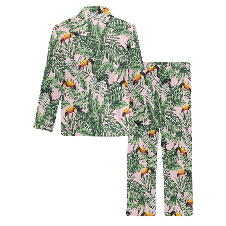 Toucan tropical green jungle palm pattern Men's Long Pajama Set