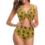 Sunflower pattern Chest Bowknot High Waisted Bikini Swimsuit