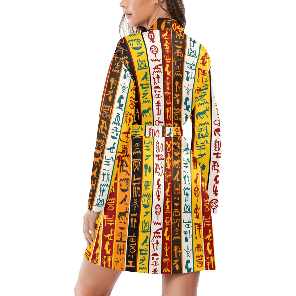 Egypt Hieroglyphics Pattern Print Design 01 Women's Long Sleeve Belted Night Robe