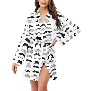 Mustache Beard Pattern Print Design 04 Women's Long Sleeve Belted Night Robe