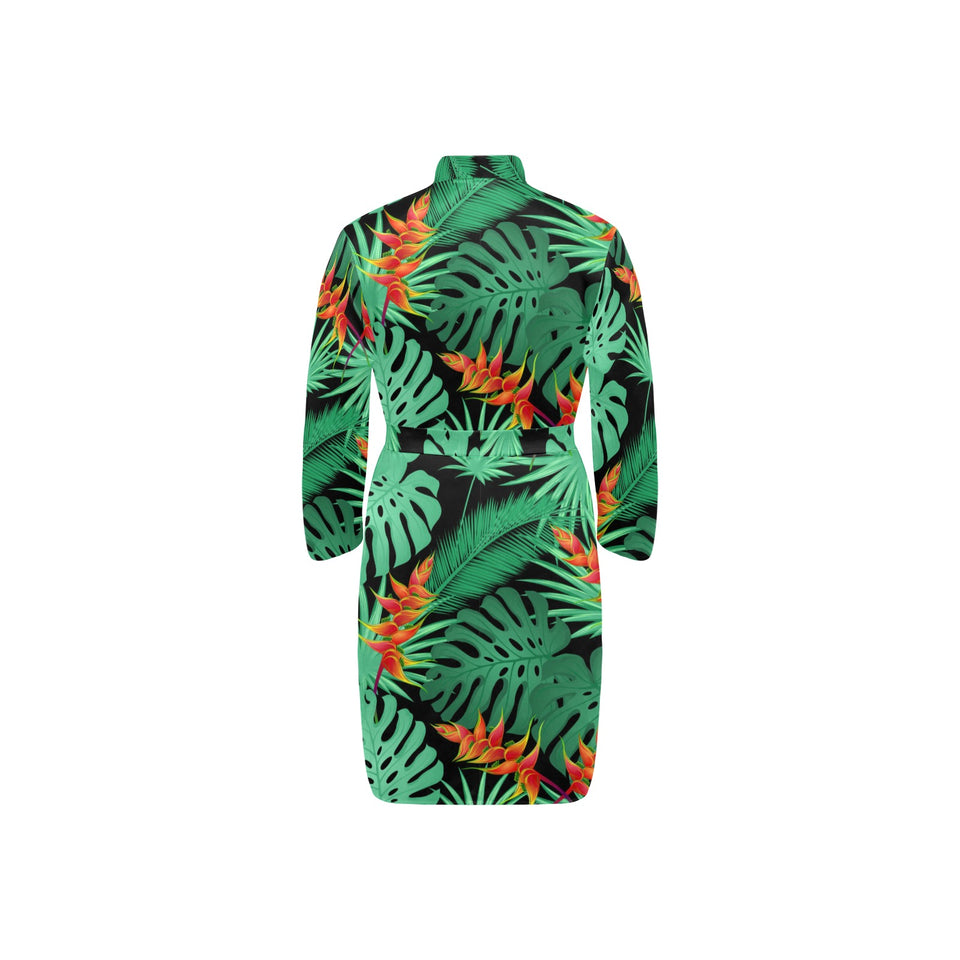 heliconia flower palm monstera leaves black backgr Men's Long Sleeve Belted Night Robe