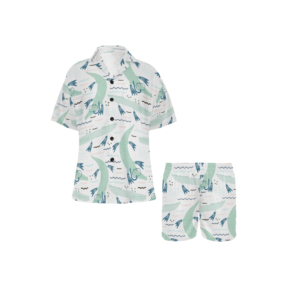Crocodile diver pattern Women's V-Neck Short Pajama Set