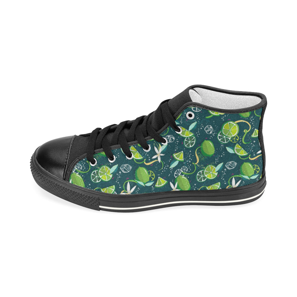Lime ice flower pattern Women's High Top Canvas Shoes Black