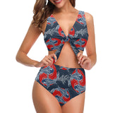 Koi Fish Carp Fishs hand drawn japanese art Chest Bowknot High Waisted Bikini Swimsuit