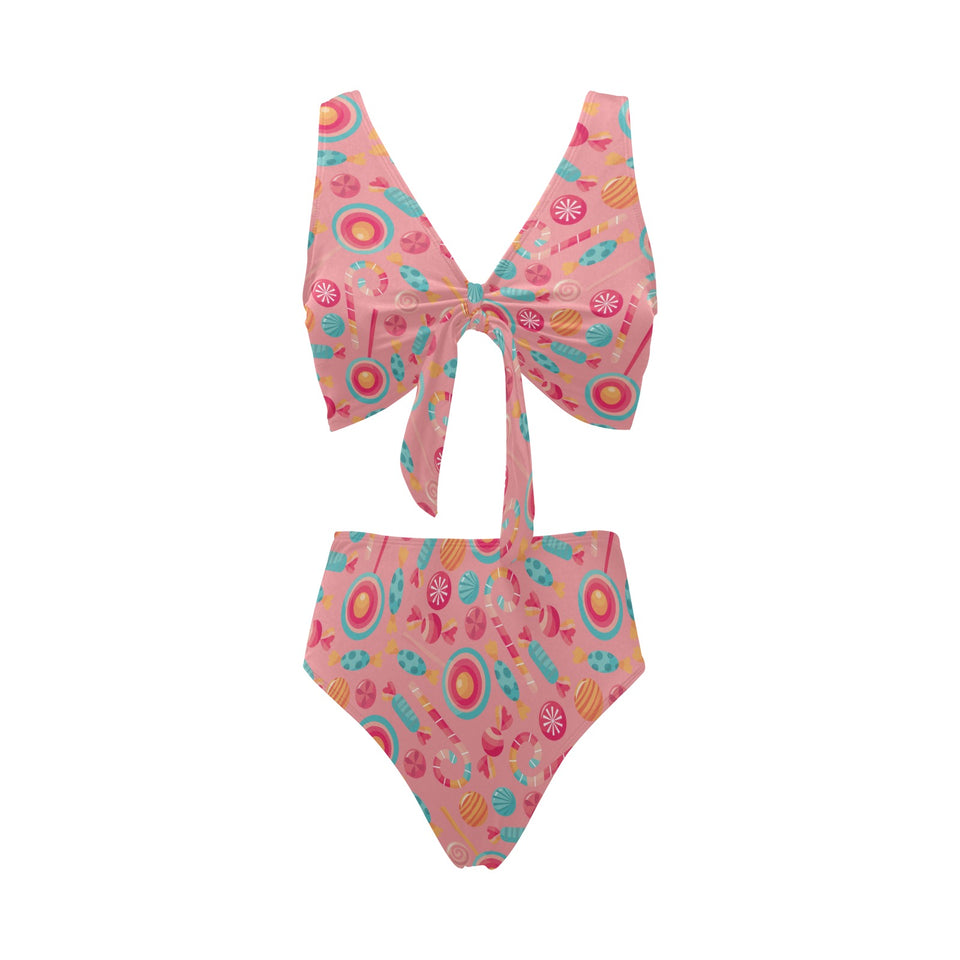 Colorful candy pattern Chest Bowknot High Waisted Bikini Swimsuit