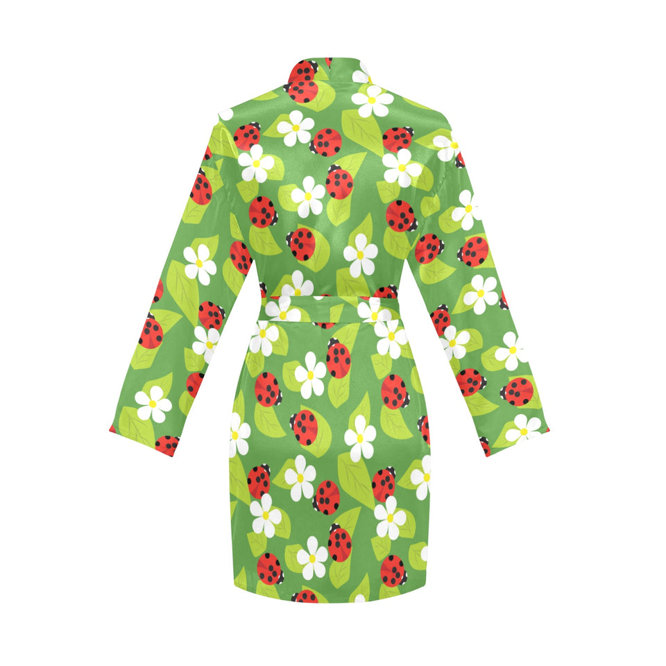 Ladybug Pattern Print Design 01 Women's Long Sleeve Belted Night Robe