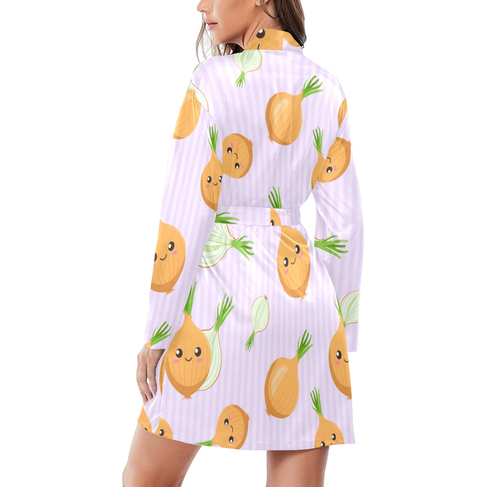 cute onions smiling faces purple background Women's Long Sleeve Belted Night Robe
