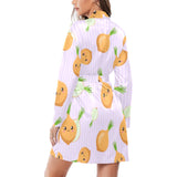 cute onions smiling faces purple background Women's Long Sleeve Belted Night Robe