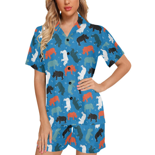 Colorful rhino pattern Women's V-Neck Short Pajama Set