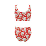 Cute Maneki neko cat red background Chest Bowknot High Waisted Bikini Swimsuit