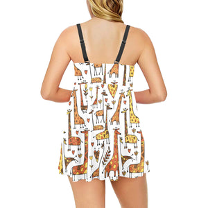 Giraffe Pattern Print Design 04 Chest Sexy Pleated Two Piece Swim Dress