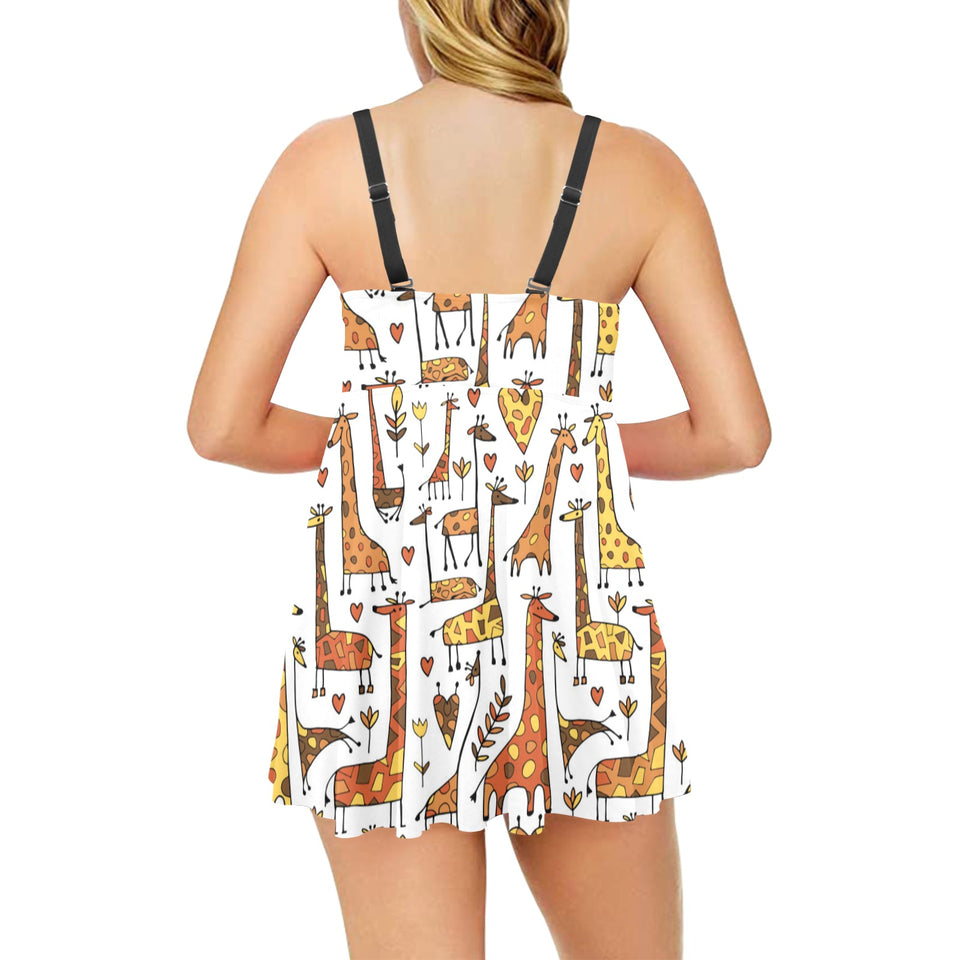 Giraffe Pattern Print Design 04 Chest Sexy Pleated Two Piece Swim Dress