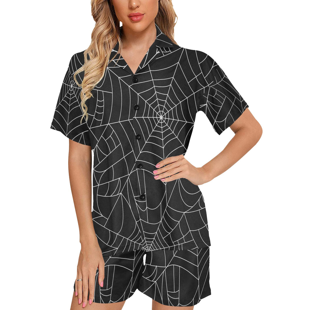 Spider web pattern Black background white cobweb Women's V-Neck Short Pajama Set