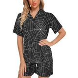 Spider web pattern Black background white cobweb Women's V-Neck Short Pajama Set
