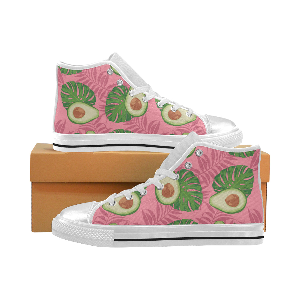 Avocado slices leaves pink back ground Women's High Top Canvas Shoes White