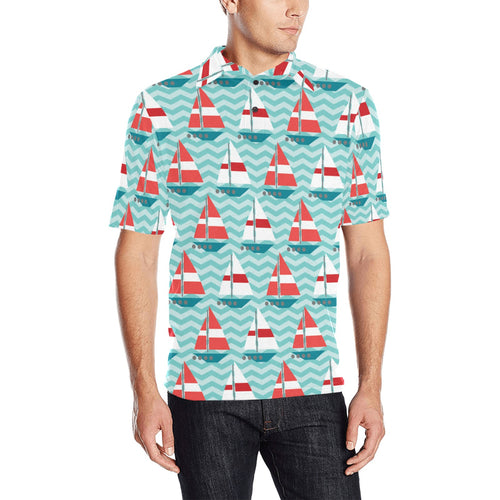 Red White sailboat wave background Men's All Over Print Polo Shirt
