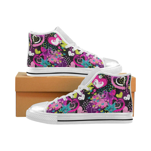 heart dot wave star creative design pattern Women's High Top Canvas Shoes White