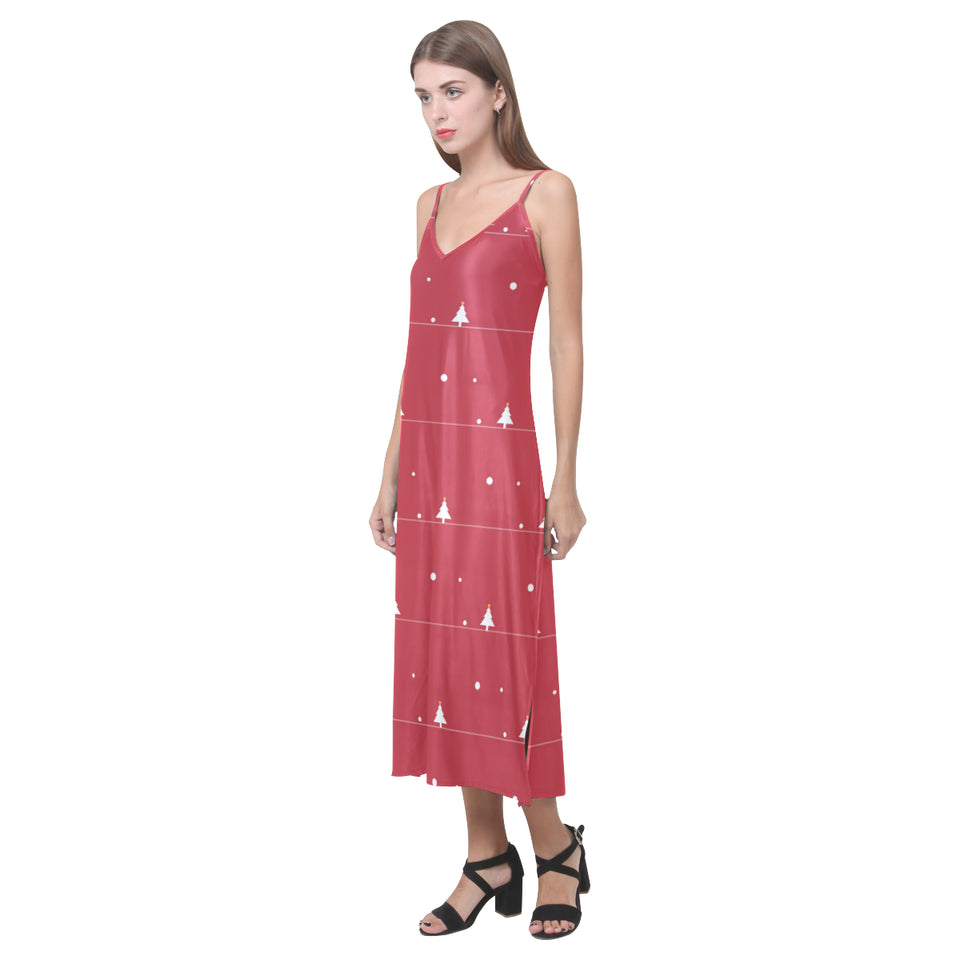 Christmas tree star snow red background V-Neck Open Fork Long Dress