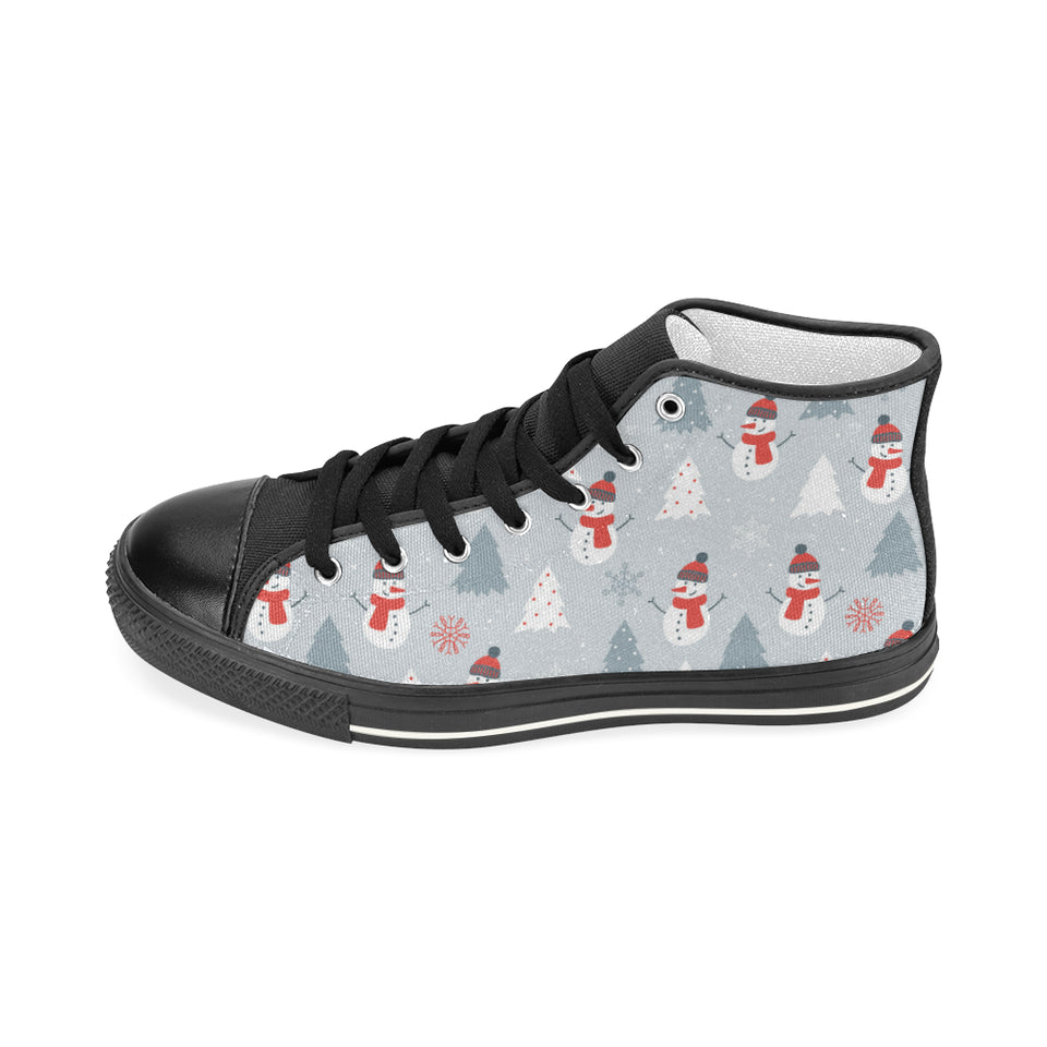 Snowman christmas  tree snow gray background Women's High Top Canvas Shoes Black