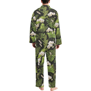 White orchid flower tropical leaves pattern blackg Men's Long Pajama Set