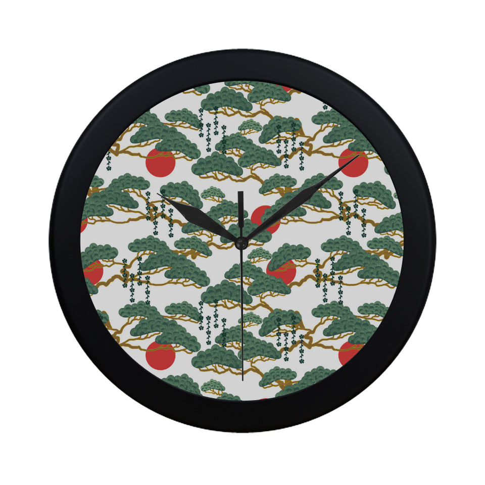 Bonsai red sun japanese pattern Elegant Black Wall Clock