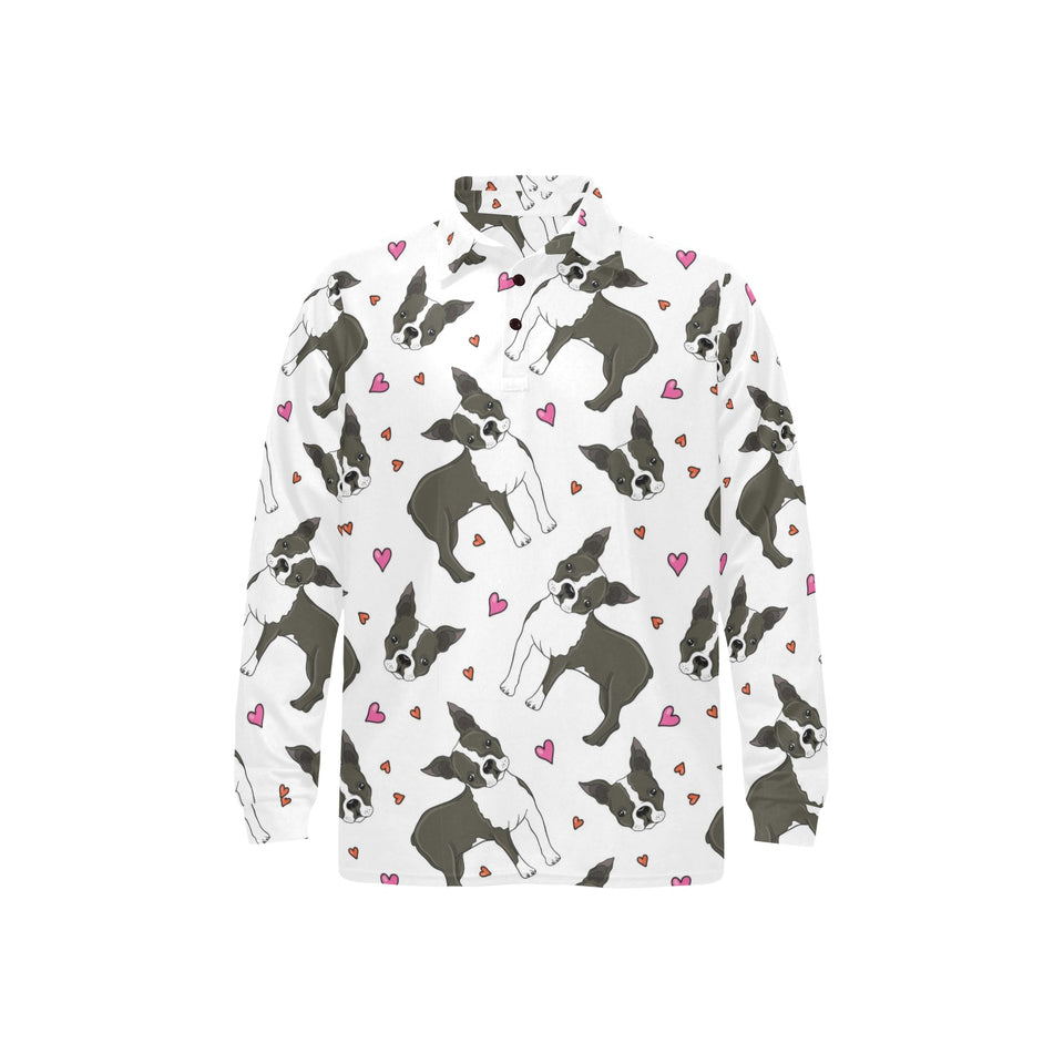 Boston terrier dog hearts vector pattern Men's Long Sleeve Polo Shirt