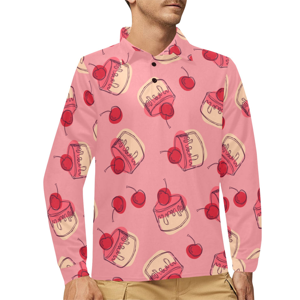 Cake cherry pattern Men's Long Sleeve Polo Shirt
