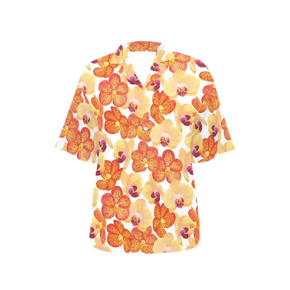 Orange yellow orchid flower pattern background Women's All Over Print Hawaiian Shirt