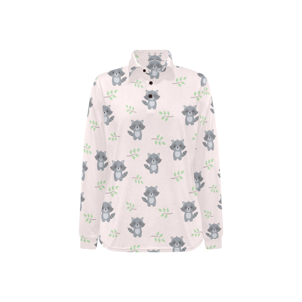 cute raccoons leaves pattern Women's Long Sleeve Polo Shirt